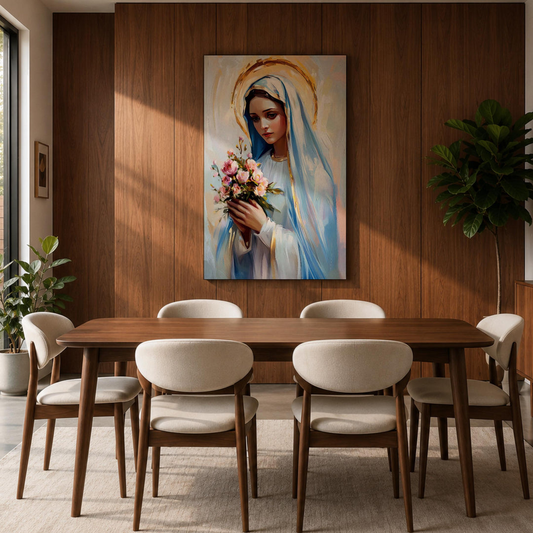 Religious wall art: Virgin Mary framed canvas with floral accents