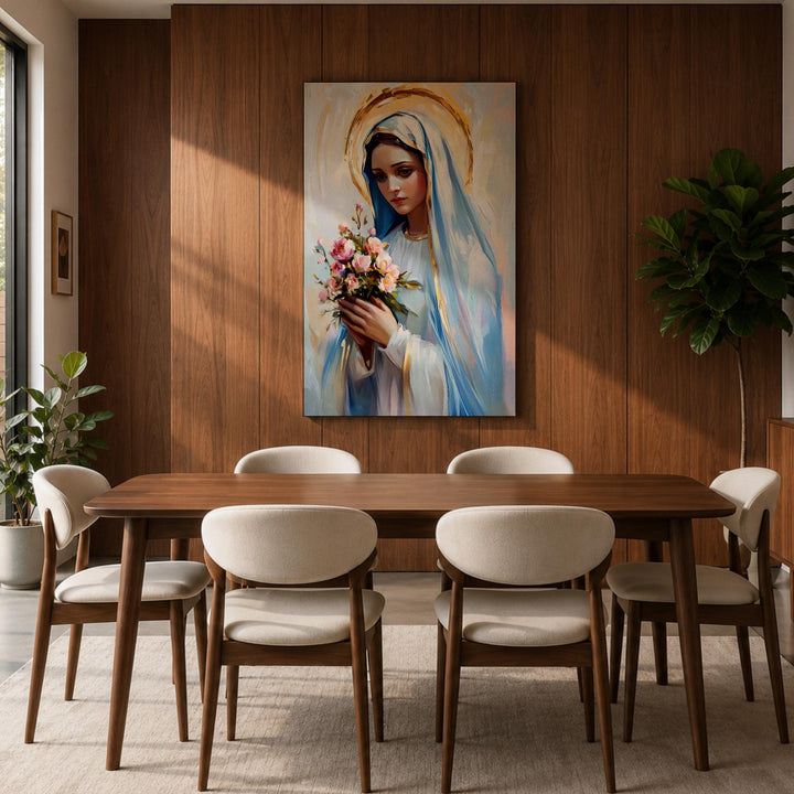 Religious wall art: Virgin Mary framed canvas with floral accents