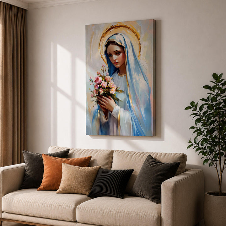 Quality framed Mary art on canvas for sacred space