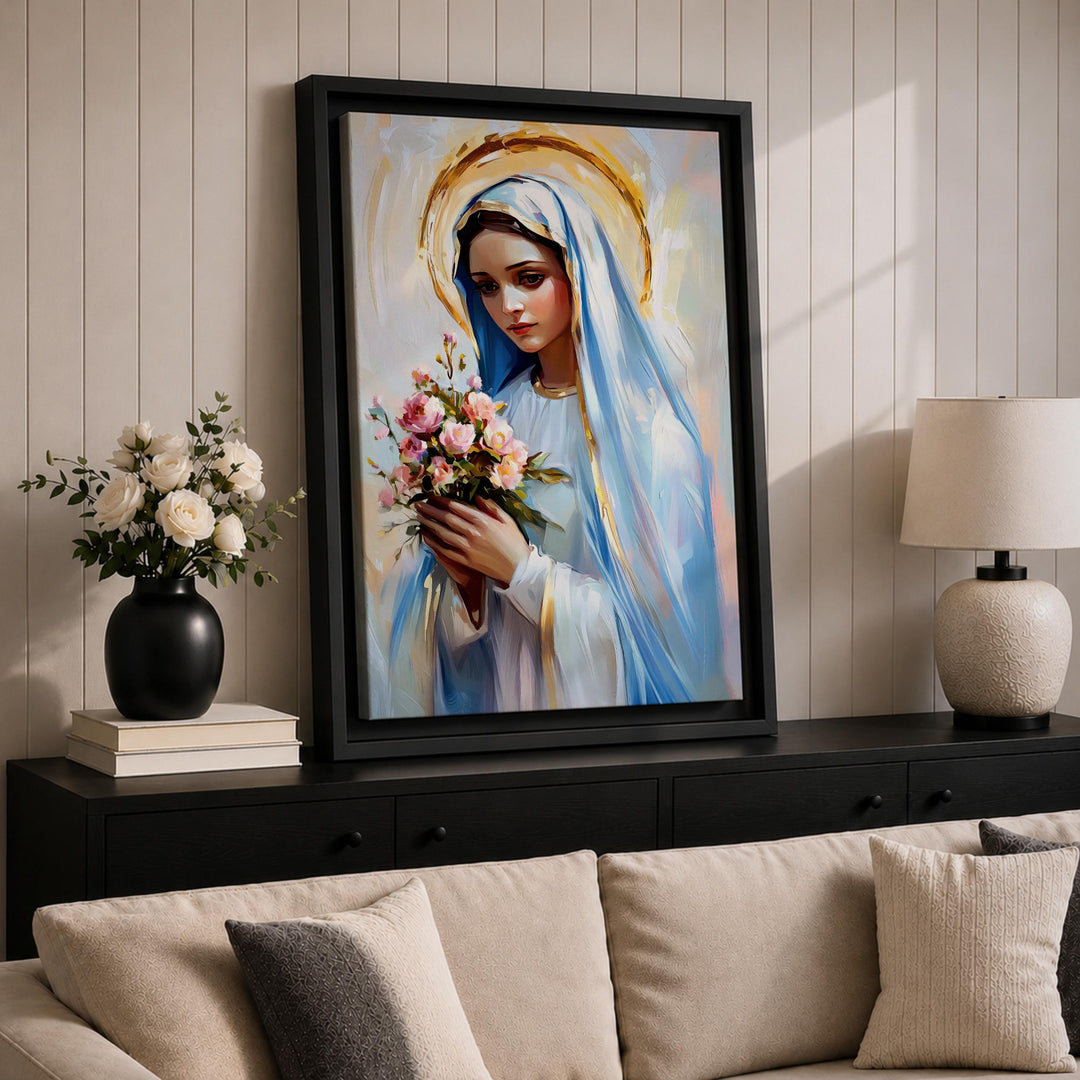 Traditional Catholic altar art: Virgin Mary with blooming bouquet