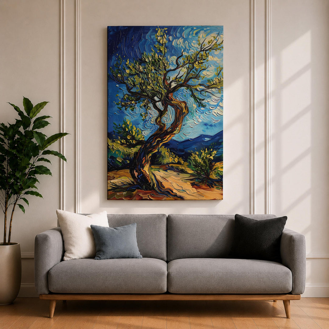 Close-up of textured impasto brushwork on olive grove canvas in natural frame
