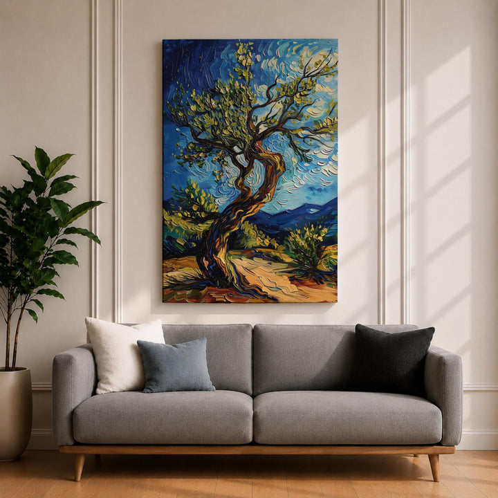 Close-up of textured impasto brushwork on olive grove canvas in natural frame