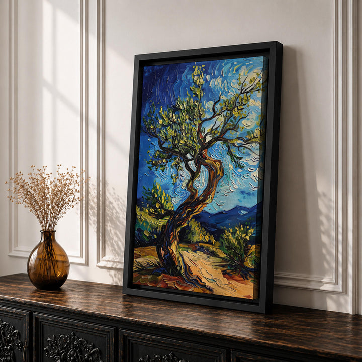 Framed wall art showing olive trees and cypress silhouettes in earthy palette
