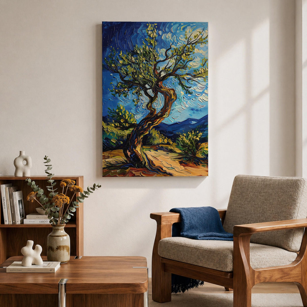Rustic olive grove scene on framed canvas with depth from impasto finish