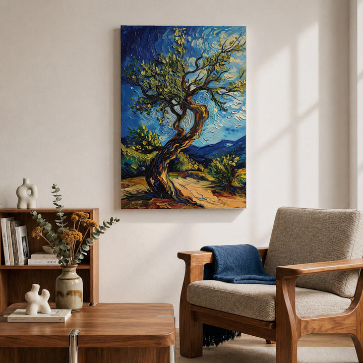 Rustic olive grove scene on framed canvas with depth from impasto finish