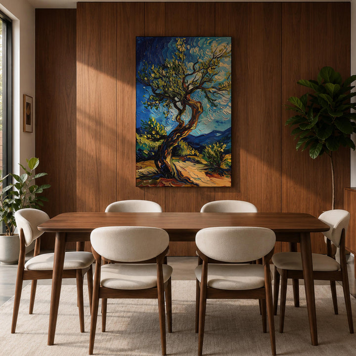 Warm wood-framed olive tree landscape for living room or hallway decor