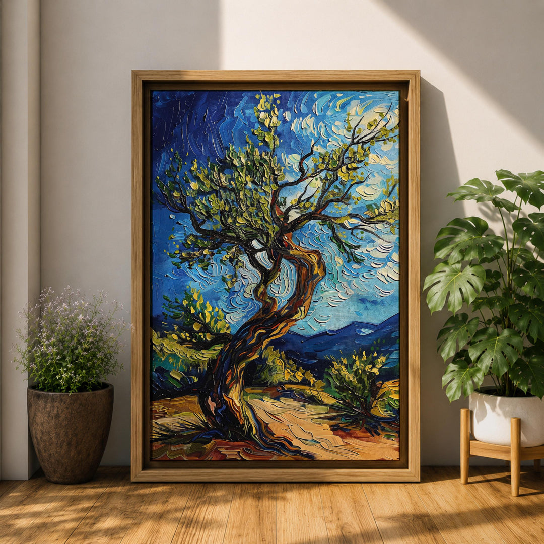 Gallery-style framed canvas featuring olive grove and cypress trees