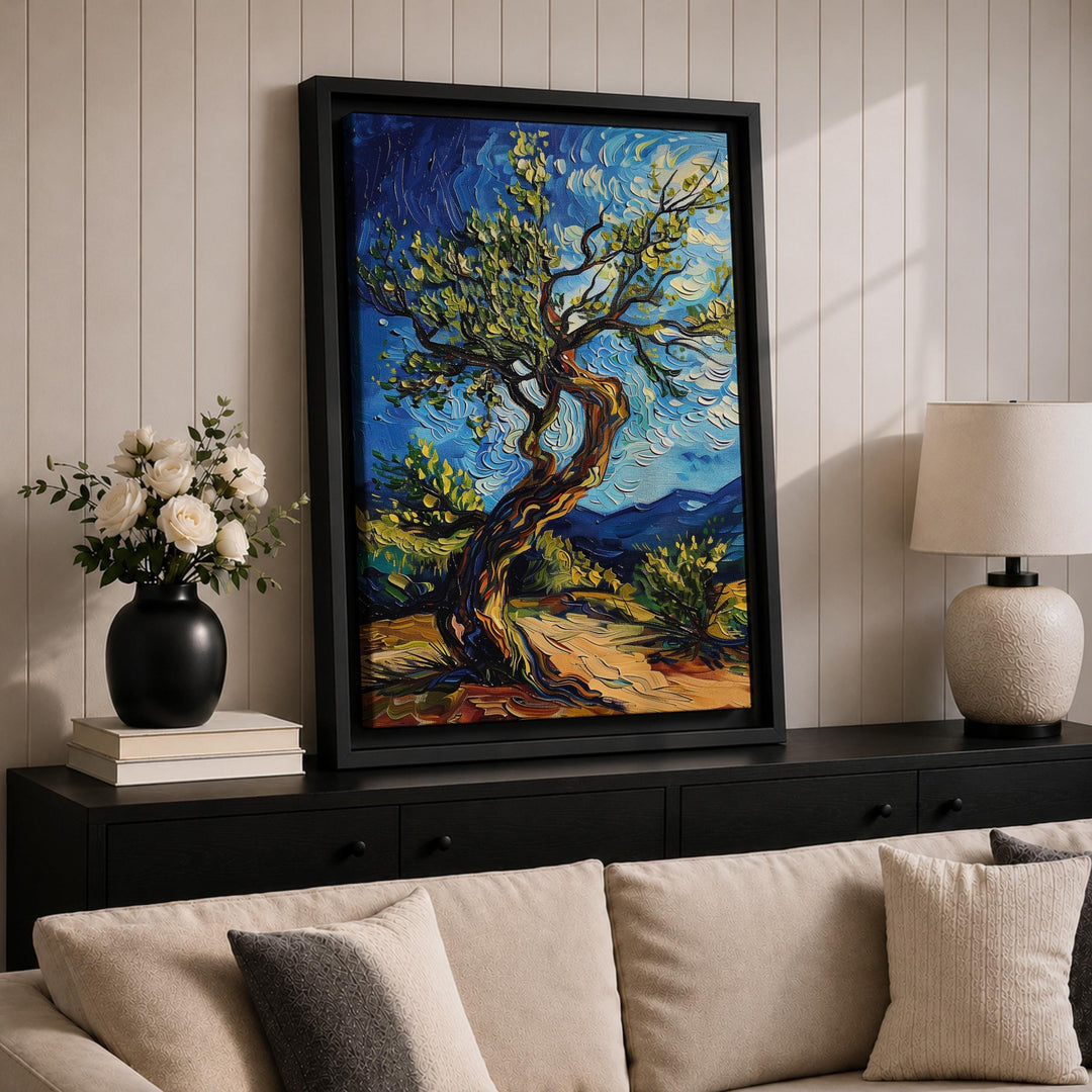 Texture-rich olive tree landscape on canvas for focal fireplace wall