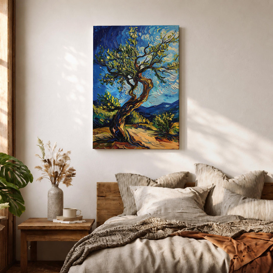 Ready-to-hang framed art of olive trees with impasto texture and natural frame
