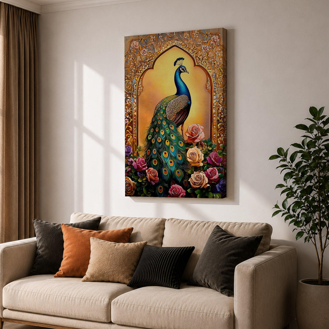 Premium canvas-style wall art with peacock centerpiece
