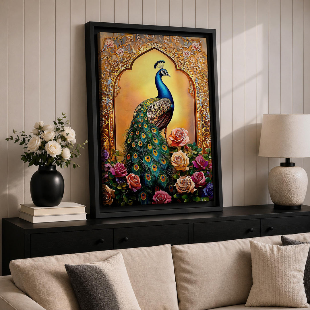Living room decor piece featuring peacock and florals