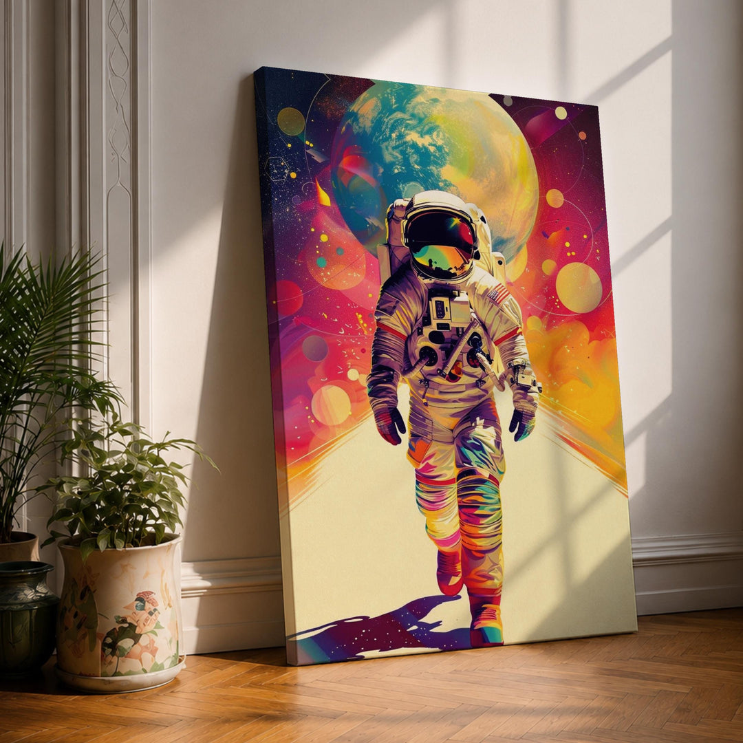 Astronaut silhouette against a vibrant cosmic path in abstract wall art.