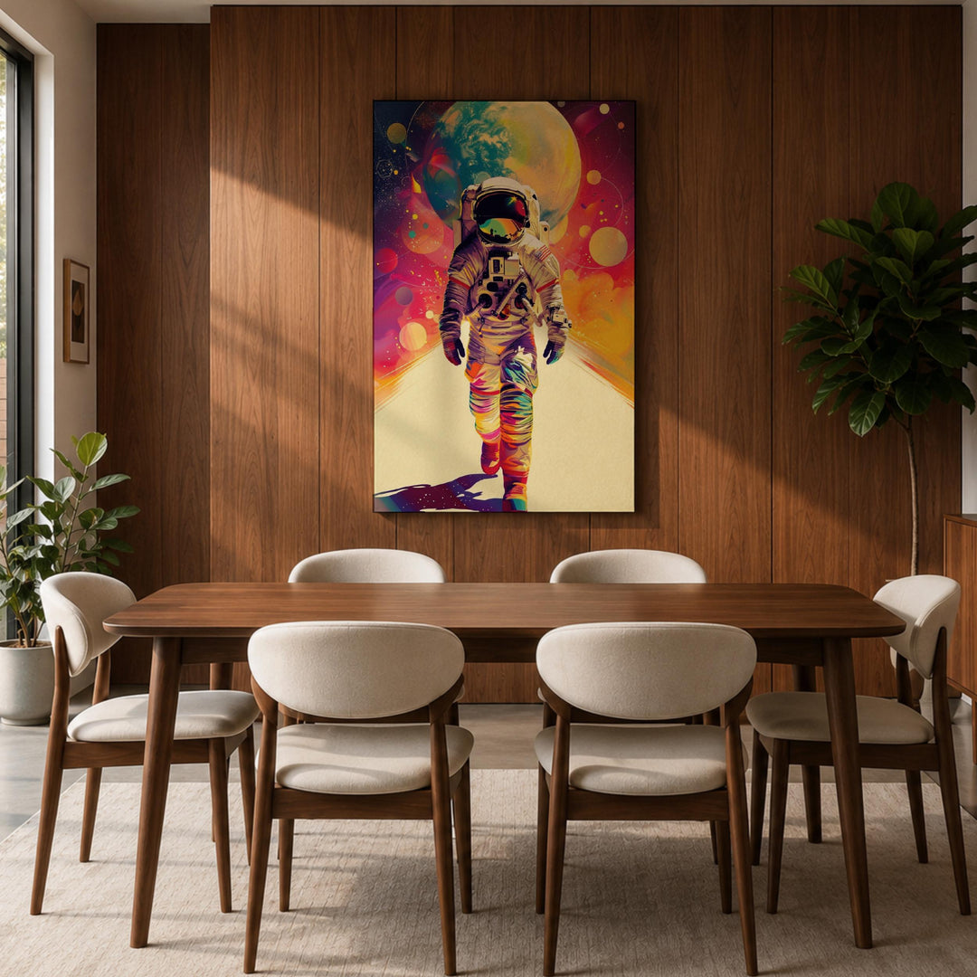 Astronaut drifting along a colorful cosmic trail in art print.