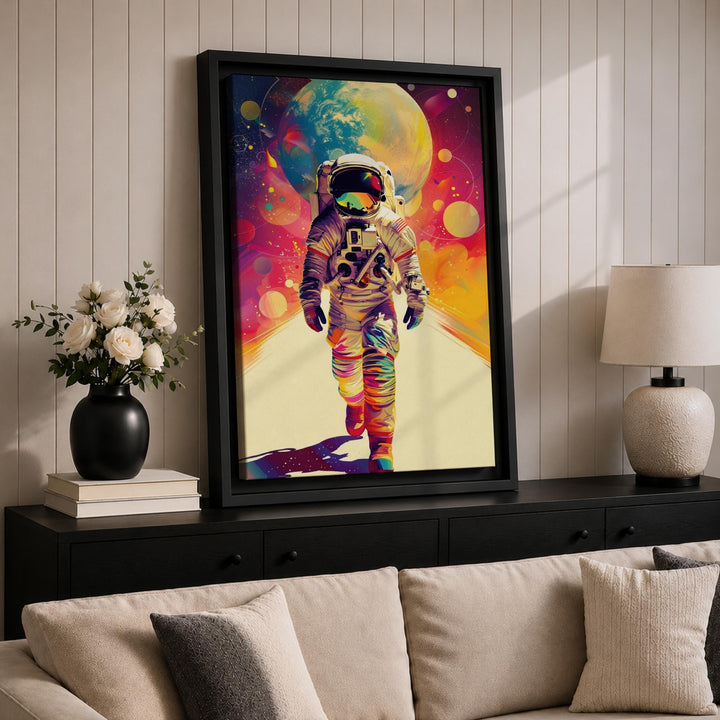 Sharp white orbit lines over a colorful nebula backdrop.