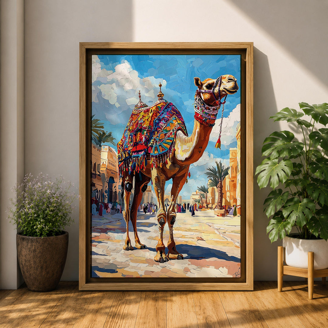 Living room wall decor featuring camel motif and market scene