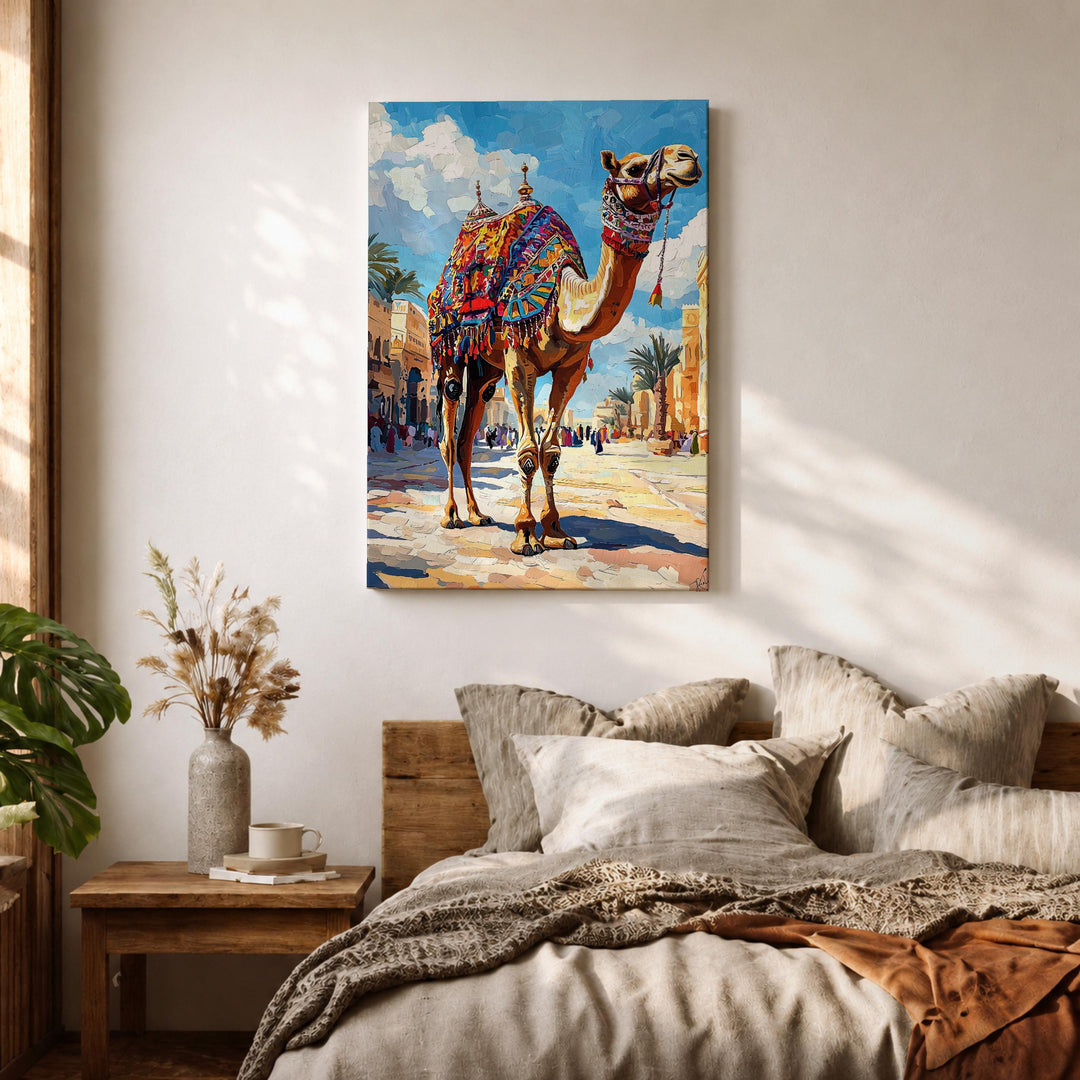 Elegant camel Moroccan watercolor wall art close-up