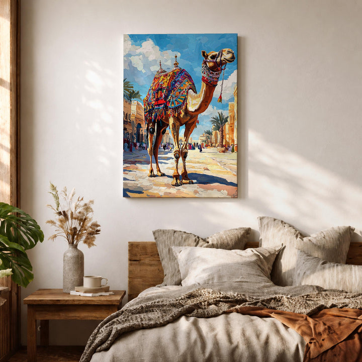 Elegant camel Moroccan watercolor wall art close-up
