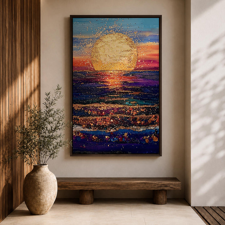 Framed canvas depicting golden hour coast and calm water