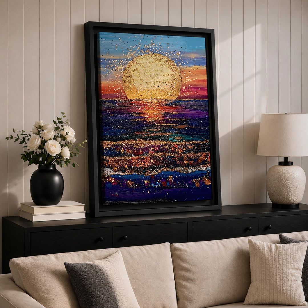 Elegant ocean wall art with sunset reflection on water