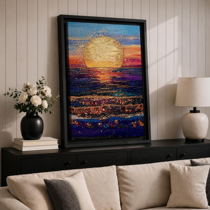 Elegant ocean wall art with sunset reflection on water