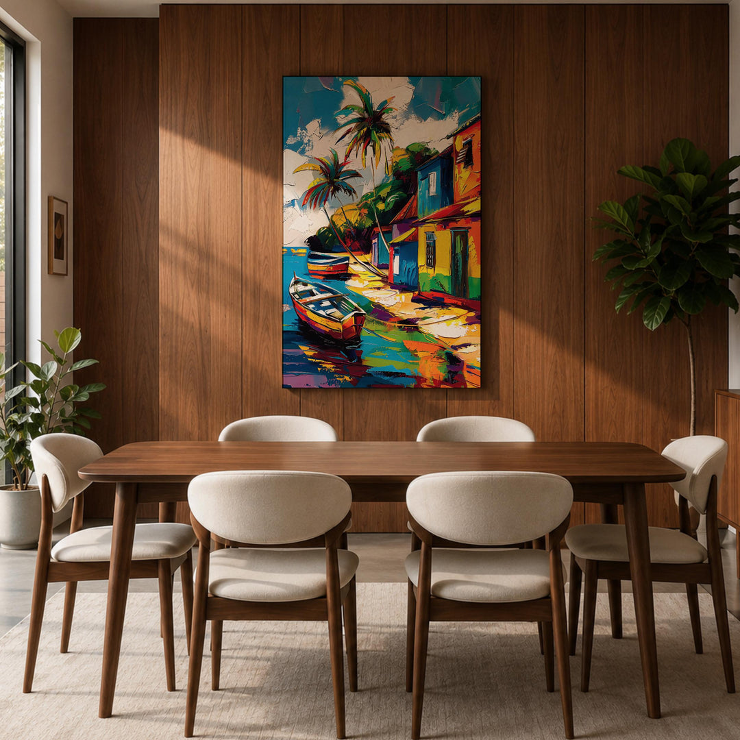 Beach village artwork on canvas with vivid blues and sunny yellows