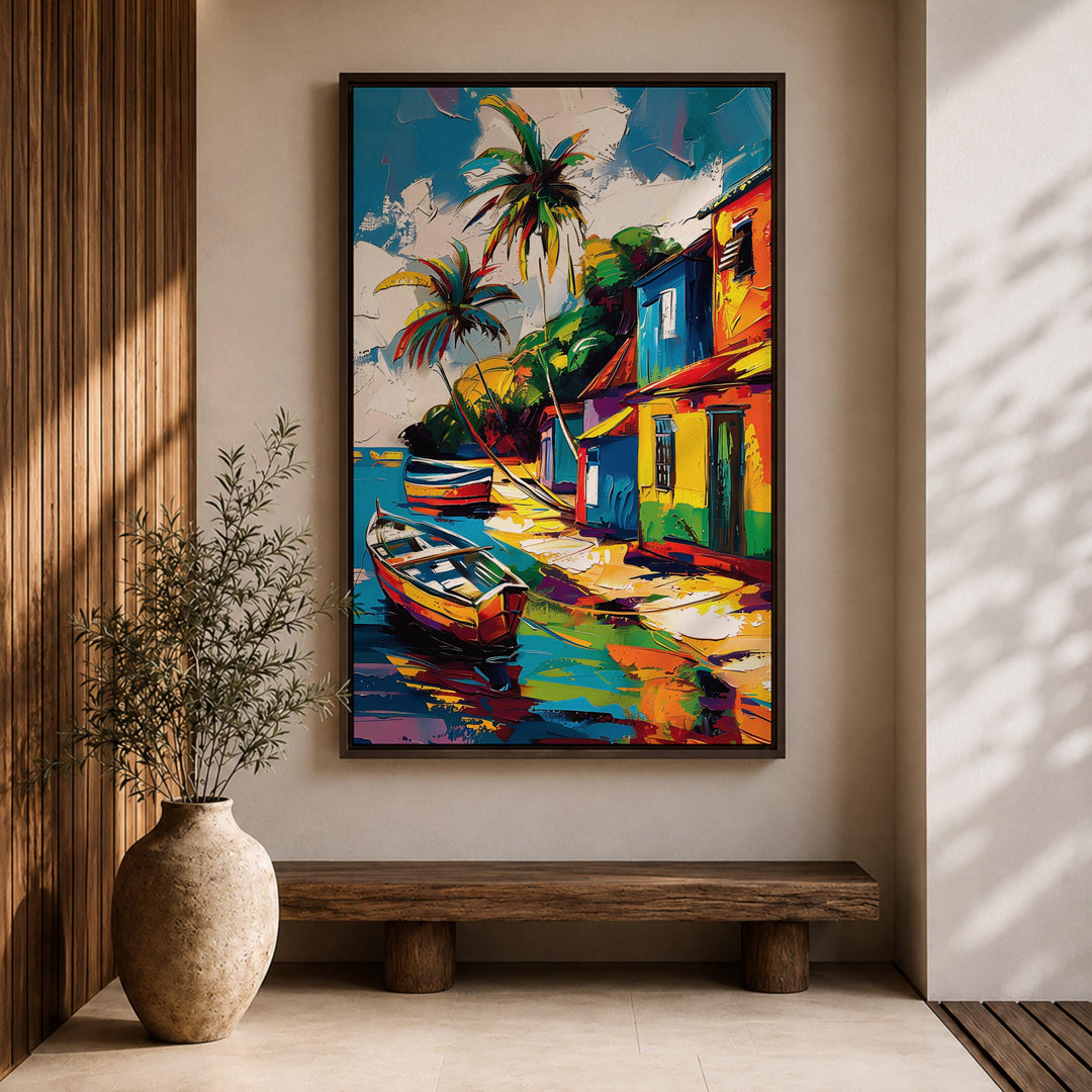 Framed canvas art showing Caribbean shoreline and boats at sunset
