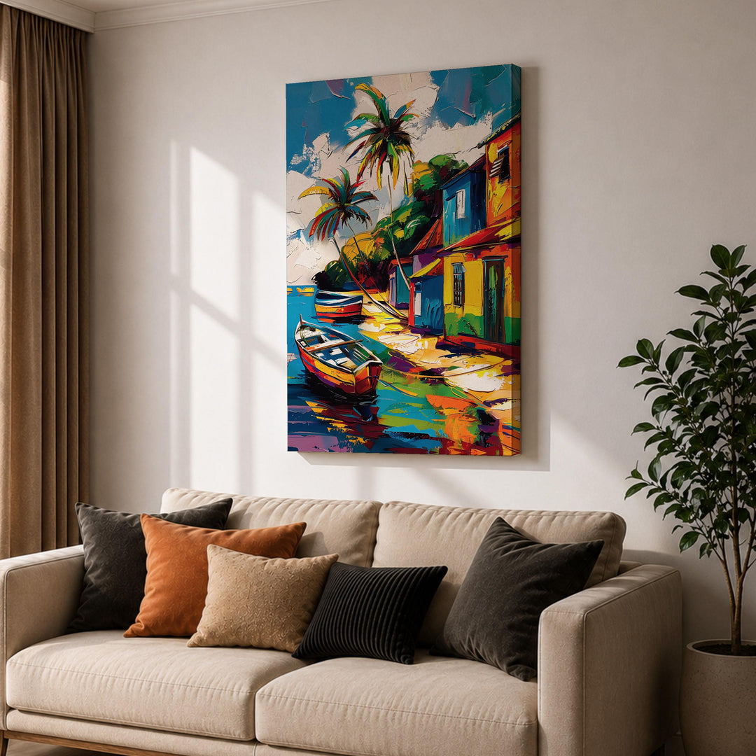 Gallery-ready framed canvas art depicting a tropical village scene