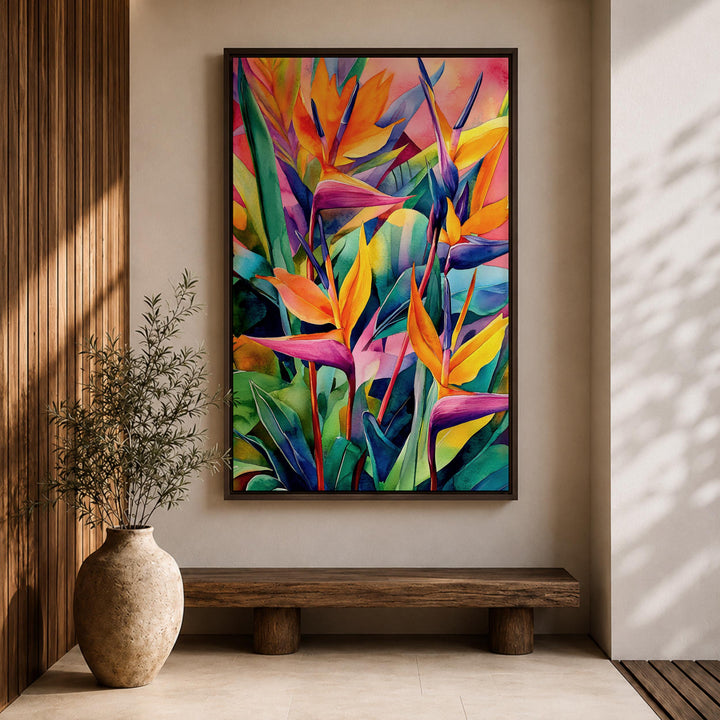 Botanical wall art with lush tropical foliage in a boho decor style