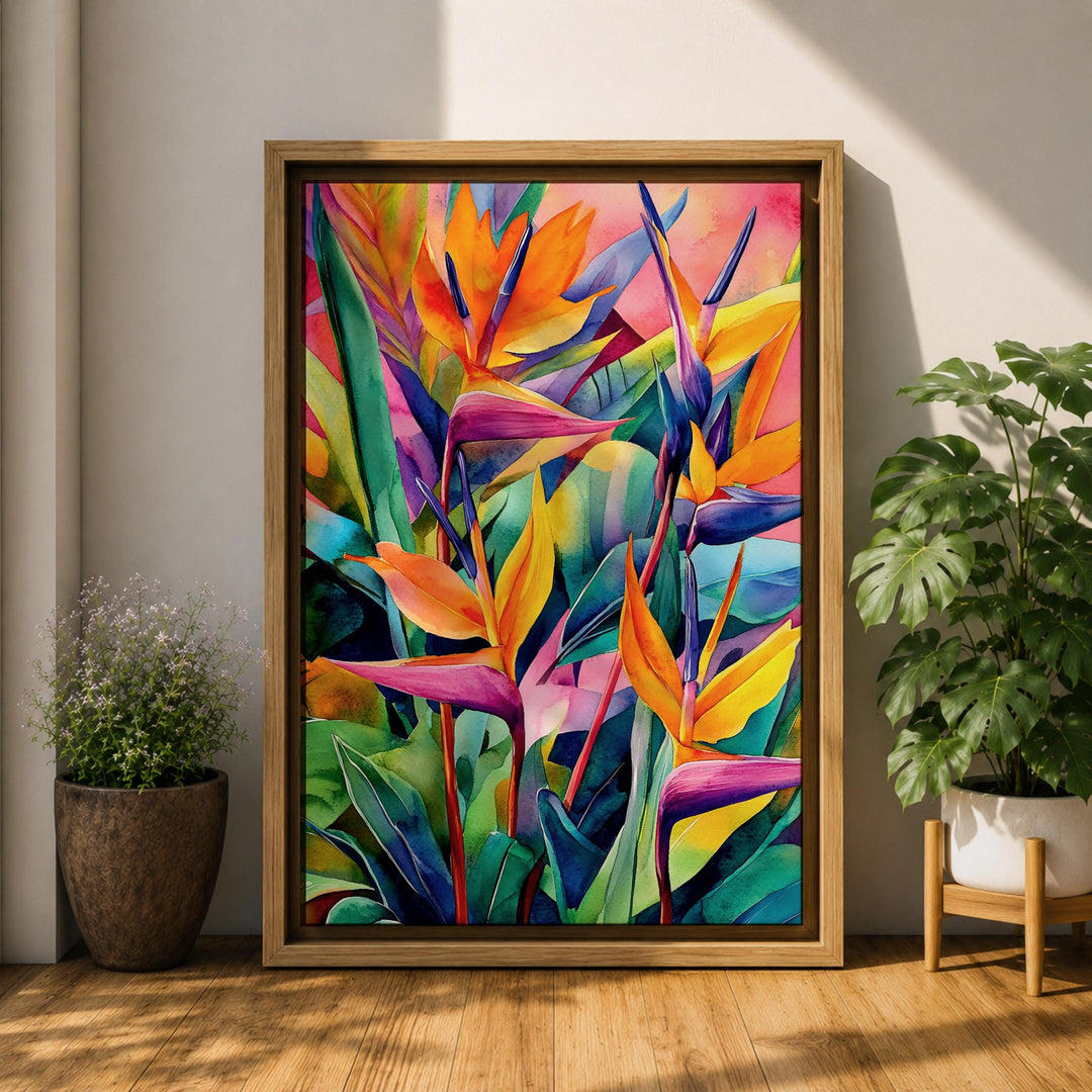 Front view of Bird of Paradise framed canvas in a living room setup