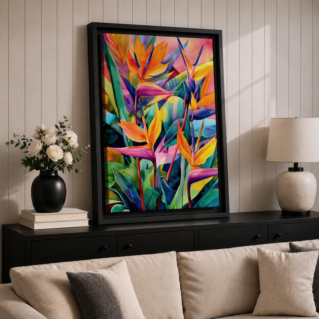 Living room decor with tropical wall art mounted above sofa