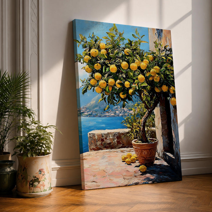 Mediterranean lemon tree coastal scene on framed canvas wall art