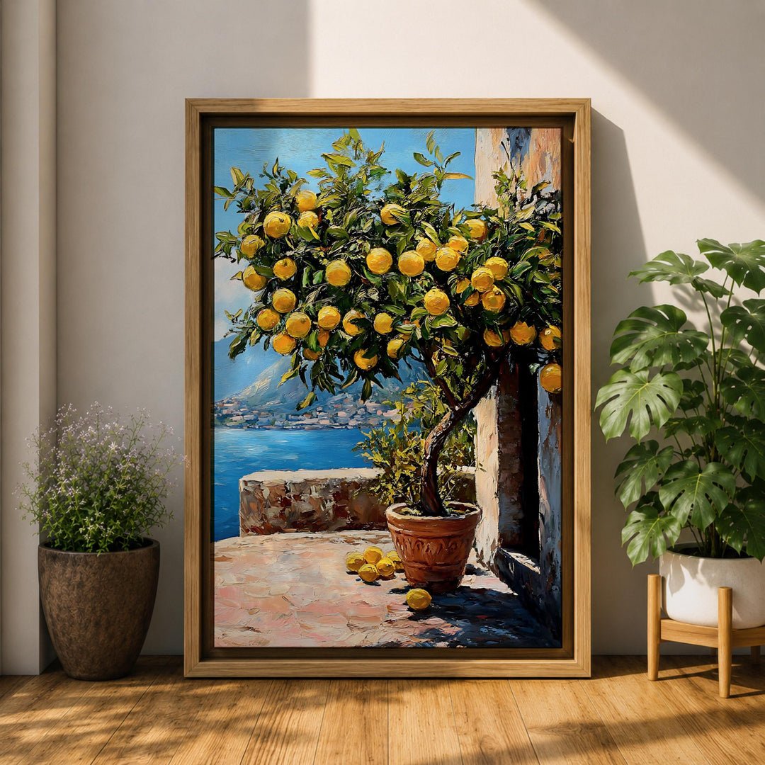 Framed coastal scenery with lemon trees for hallway decor