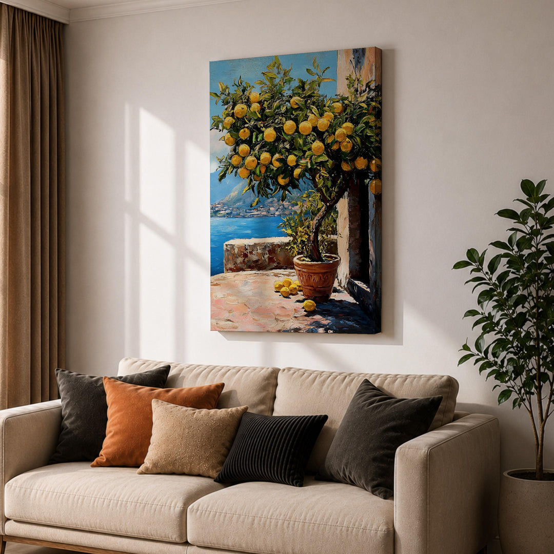 Fine art canvas print on wood frame featuring lemon grove and sea