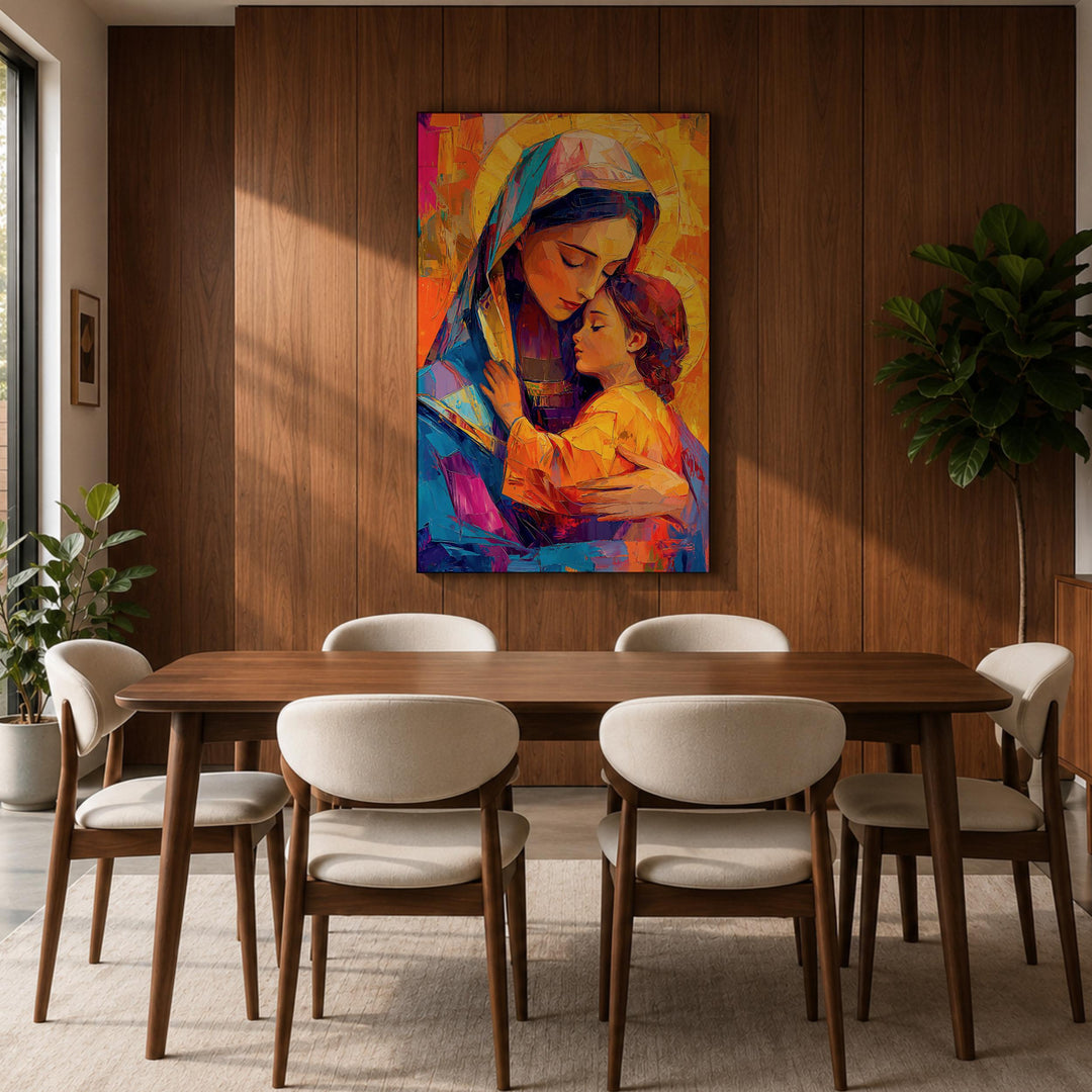 Angled shot highlighting hanging hardware on framed canvas