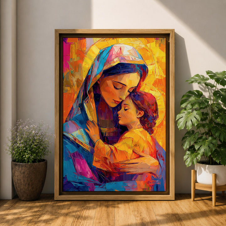 Mary and Child motif with warm earth tones in framed canvas