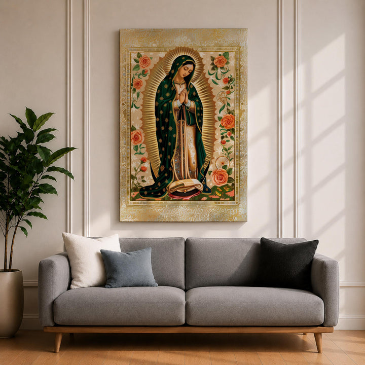 Close-up of Virgin Mary figure on rose-bordered wall art
