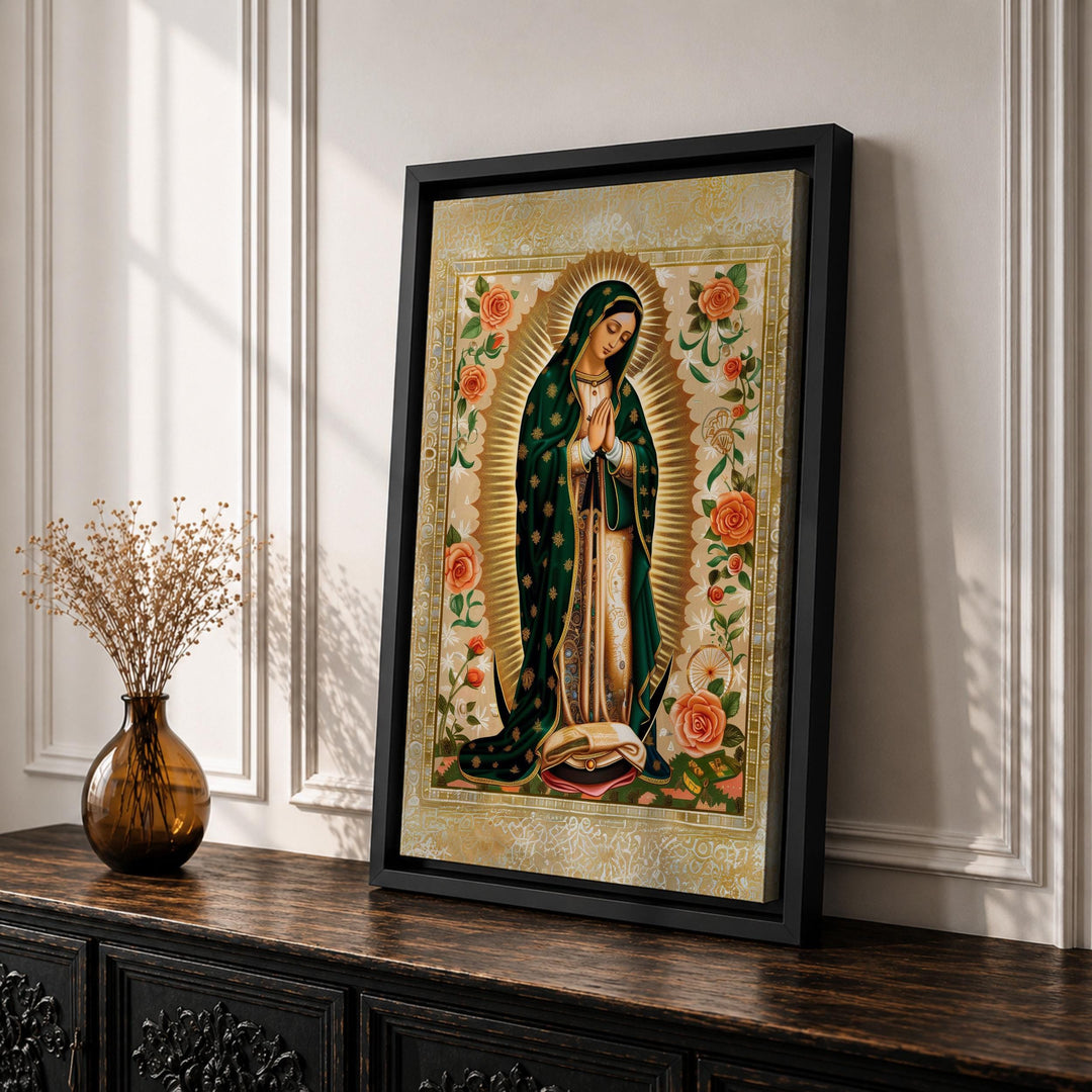 Framed Our Lady of Guadalupe hanging in bright living room