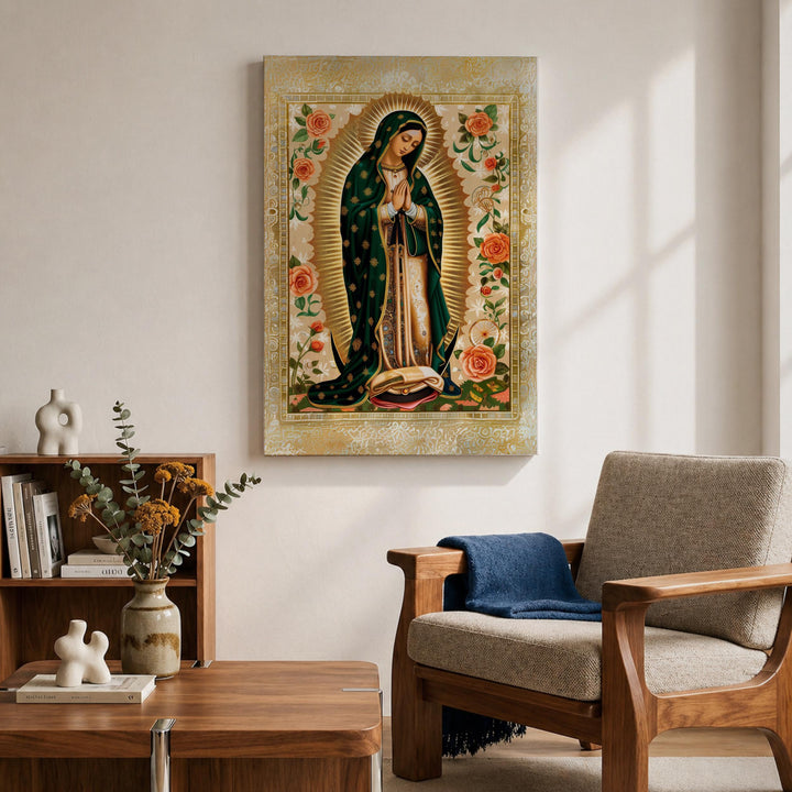 Detail of pink rose border surrounding sacred image