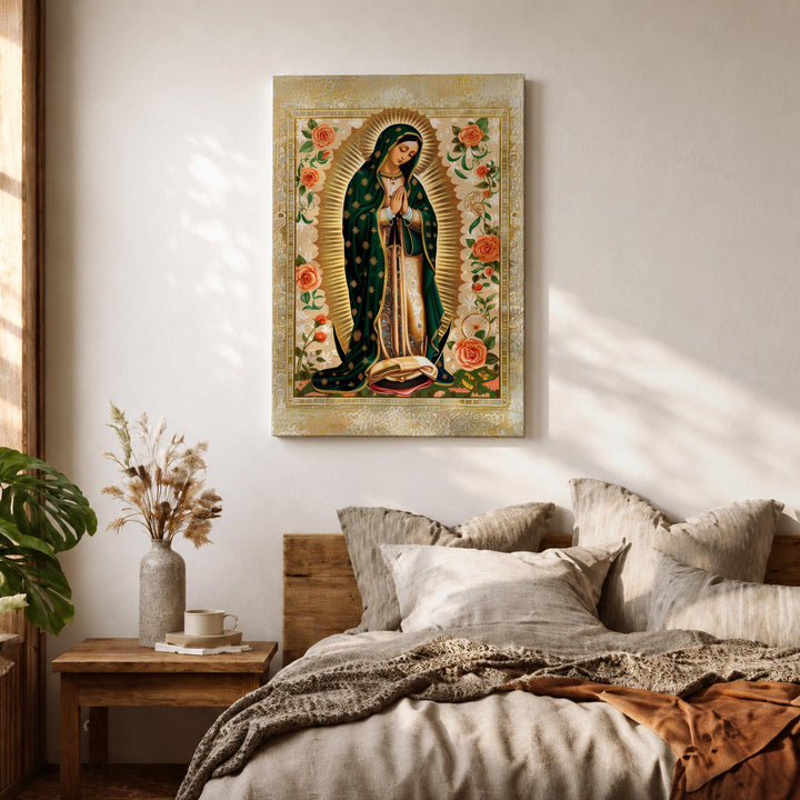 Colorful reproduction of Our Lady of Guadalupe on canvas