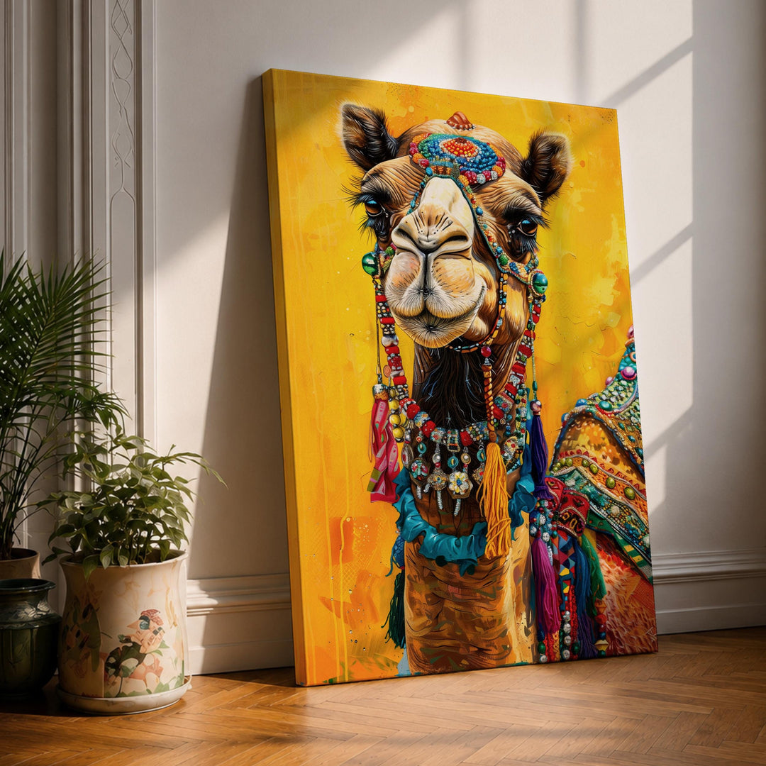 Camel portrait Bedouin wall art in warm desert tones for living room decor