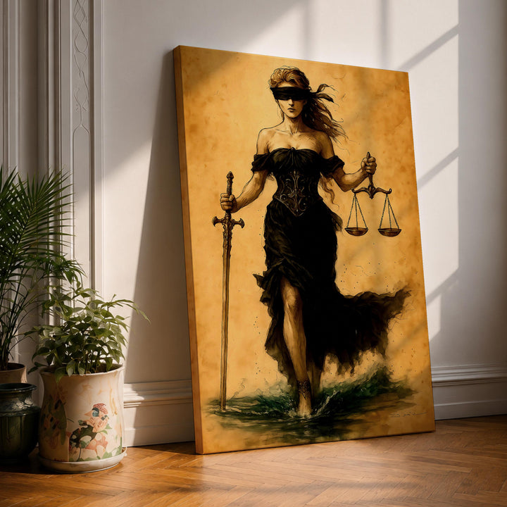 Lady Justice wall art with Themis goddess in a bold dark design, ideal for professional decor
