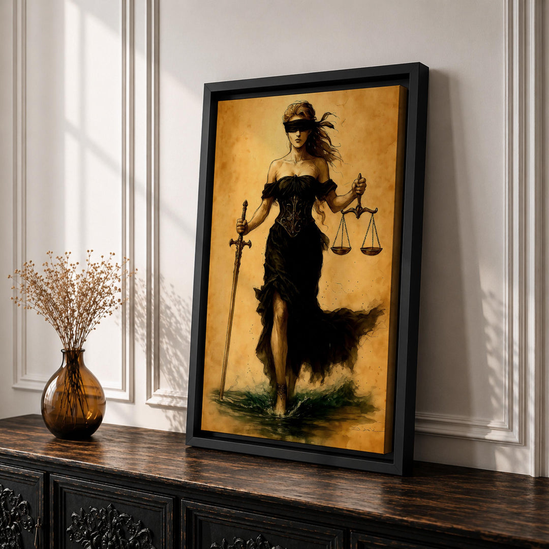 Office study setup featuring Lady Justice wall art above a desk