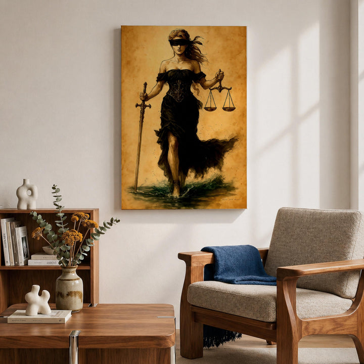 Elegant legal wall decor showing balance scales and mythological symbolism