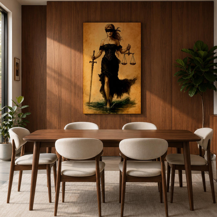 Frameless canvas ready to hang with Lady Justice artwork