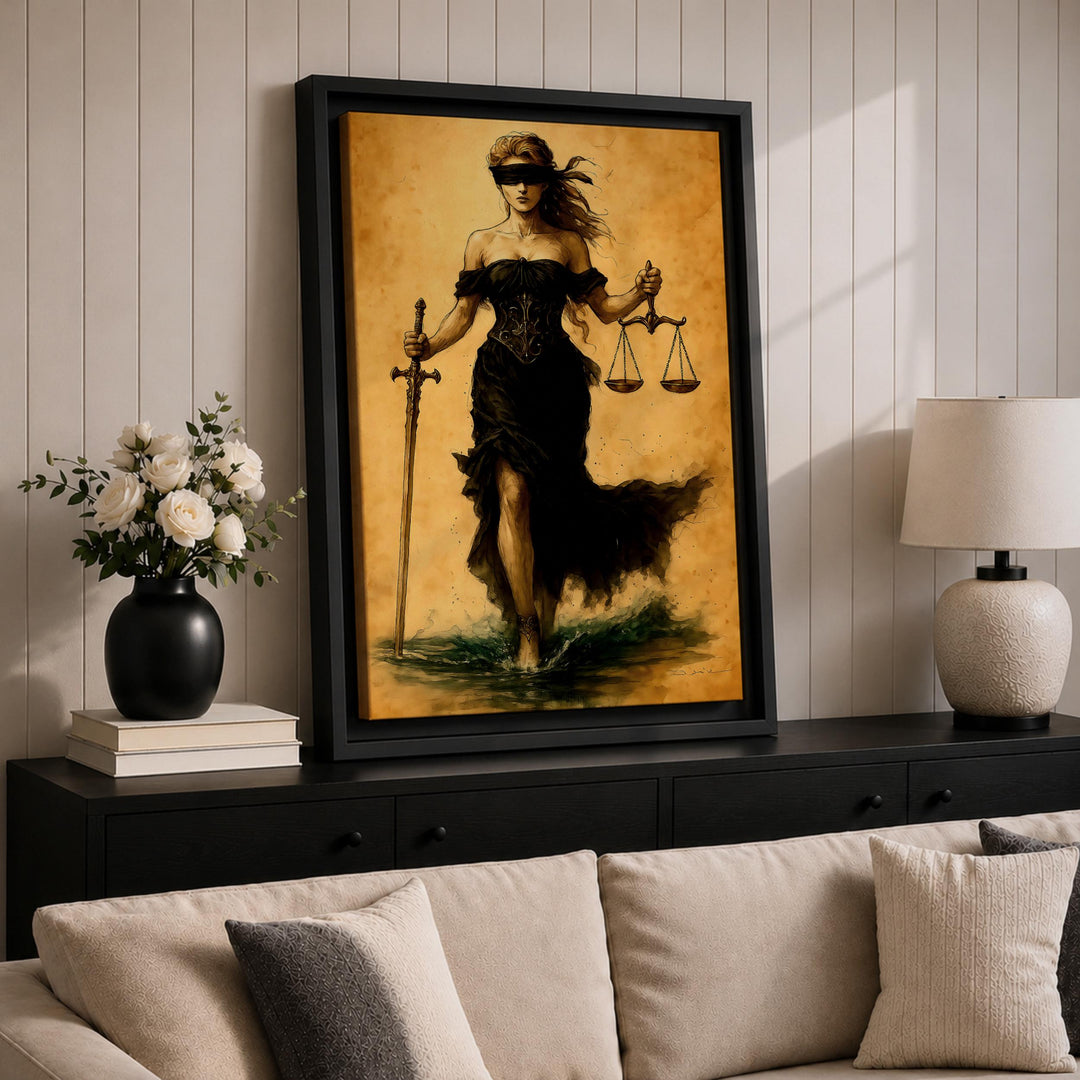 Close shot of canvas texture and archival inks on Lady Justice art
