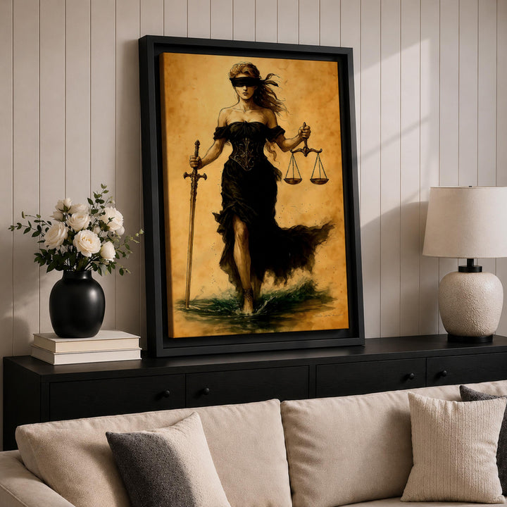 Close shot of canvas texture and archival inks on Lady Justice art