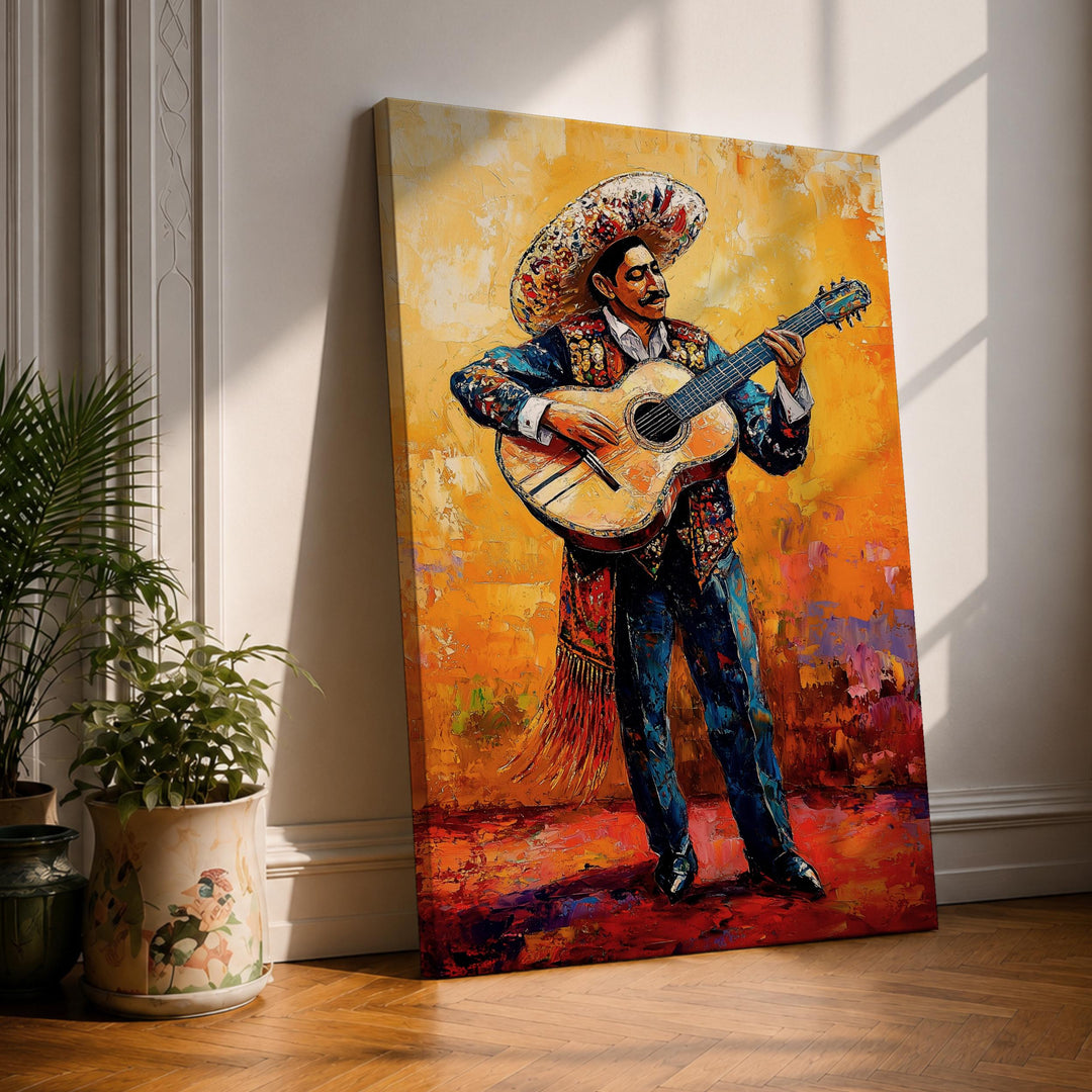 Vibrant mariachi guitarist wall art close-up with bold colors
