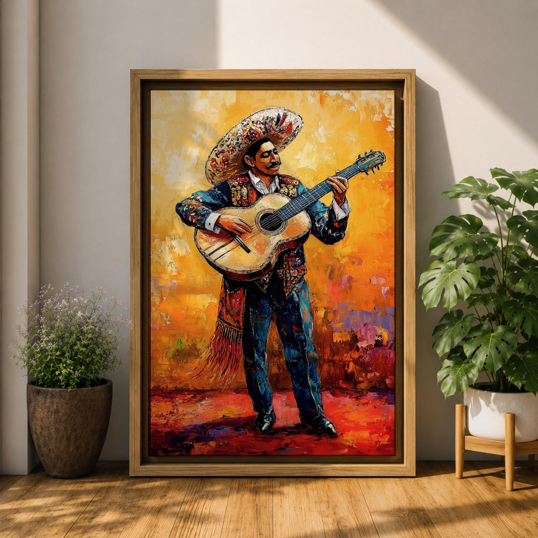 Graphic mariachi guitarist framed in vintage style