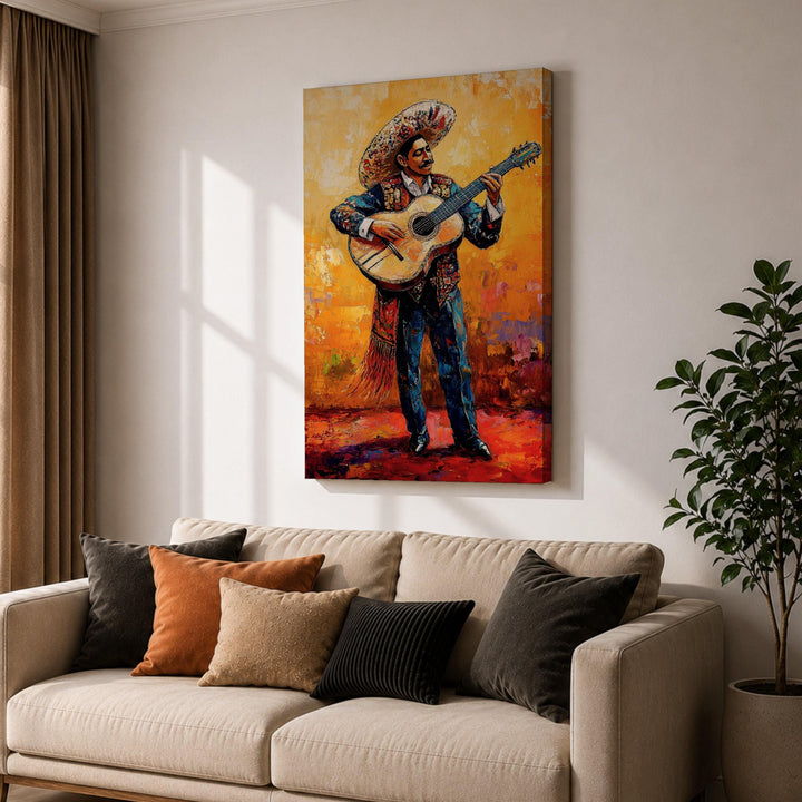 Living room decor idea featuring mariachi wall art
