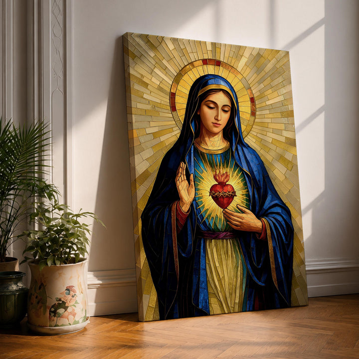 sacred heart of mary framed canvas with radiant halo close-up